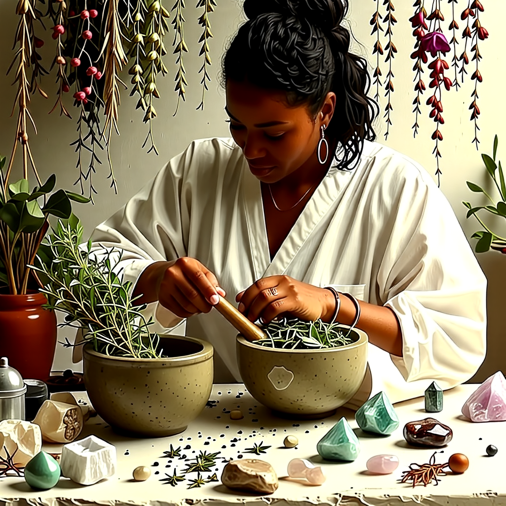 A cheerful female healer surrounded by herbs and crystals, casting enchanting bigger penis spells