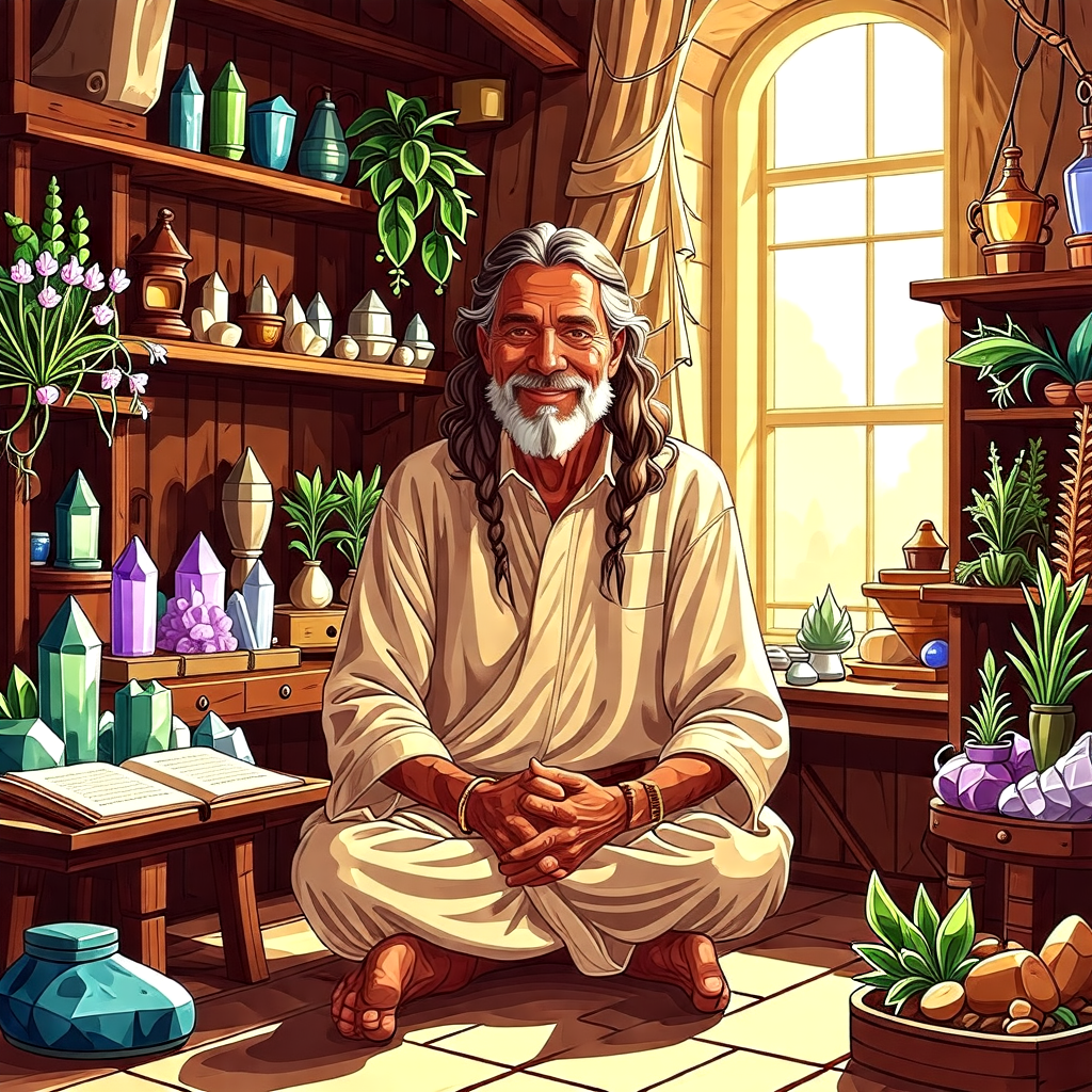 A cheerful healer sitting cross legged in a vibrant healing room, preparing to cast enchanting bigger penis spells with a smile