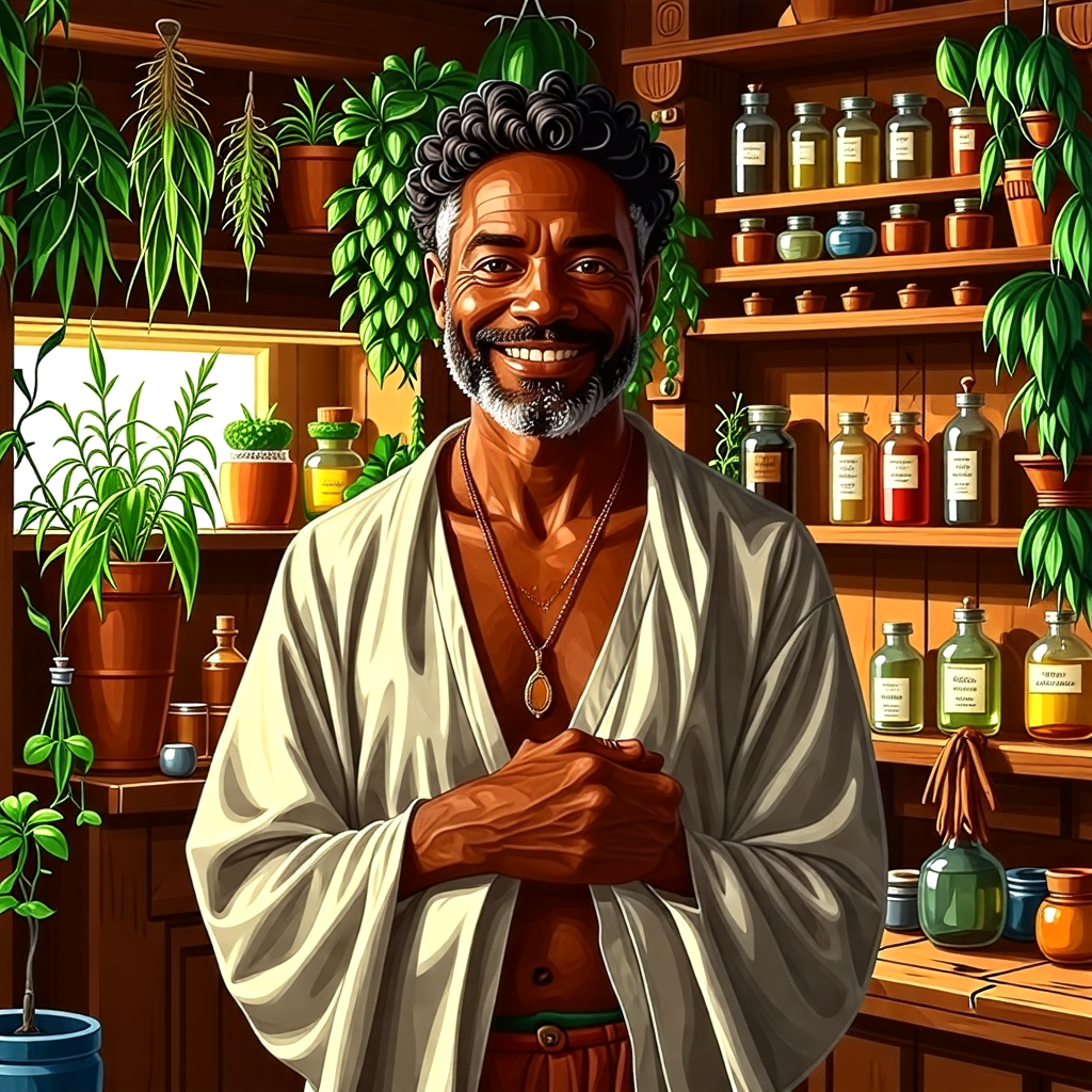 A cheerful healer surrounded by magical herbs casting bigger penis spells in an enchanting spellcasting room