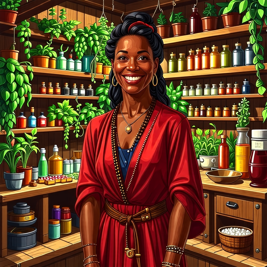 A joyful healer in a mystical spellcasting room surrounded by herbs and magical items for casting bigger penis spells