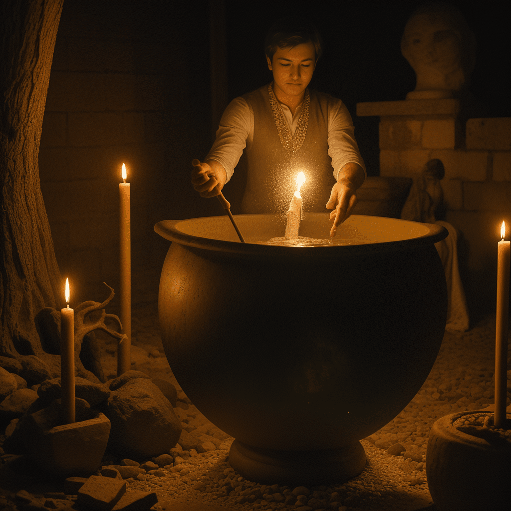 A healer surrounded by flickering candles and mystical artifacts, ready to cast powerful male enhancement magic spells