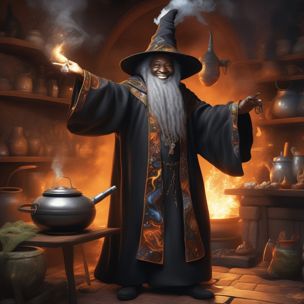 A proficient healer, adorned with a welcoming smile, proficiently casts male enhancement magic spells amidst a captivating assortment of candles, herbs, and mystical artifa