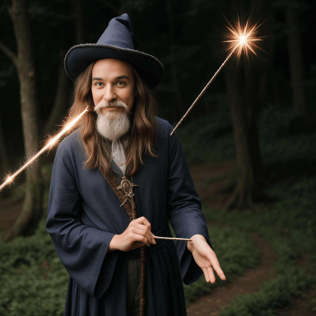 A smiling healer with twinkling eyes and a wand, casting male enhancement magic spells with a flourish of mystical energy