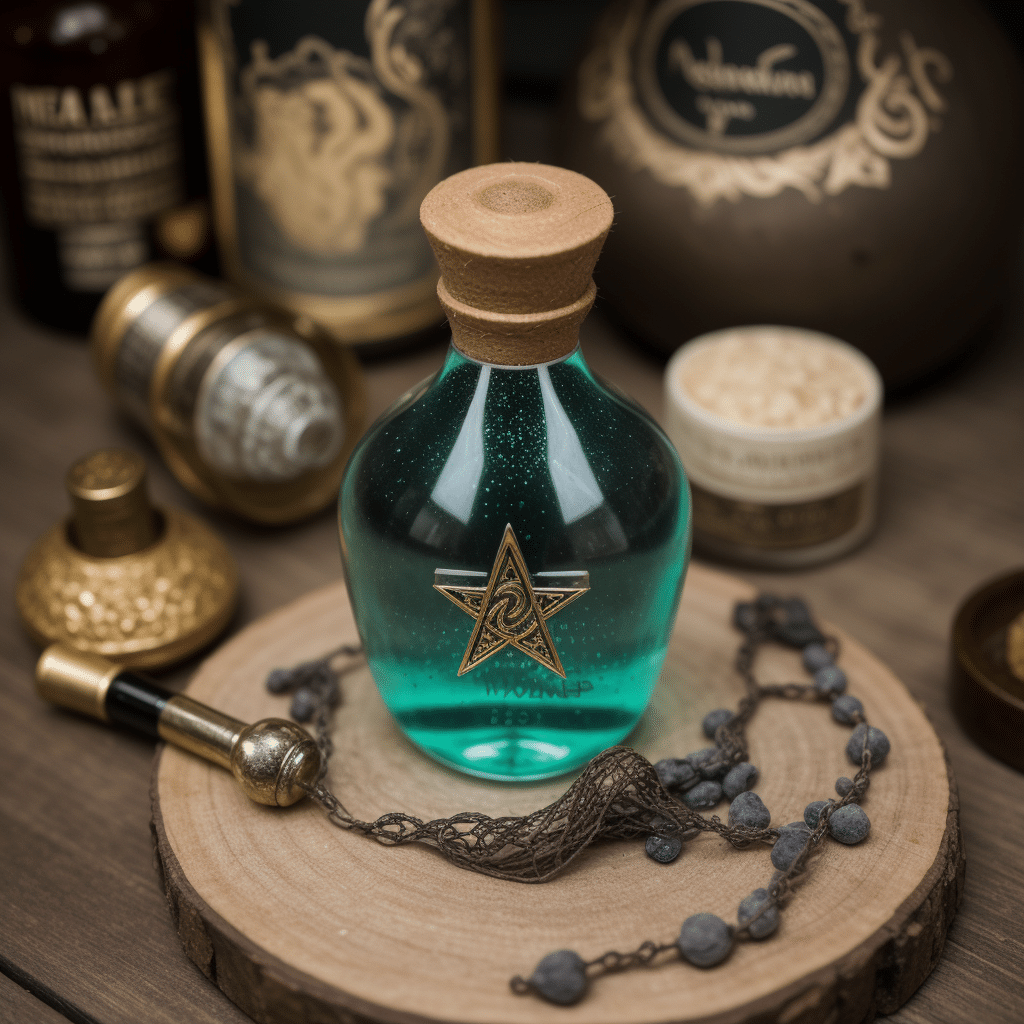 A whimsical array of male enhancement magic spell ingredients, with enchanted herbs, mystical crystals, and ancient potion bottles, all set to work their charming wonders