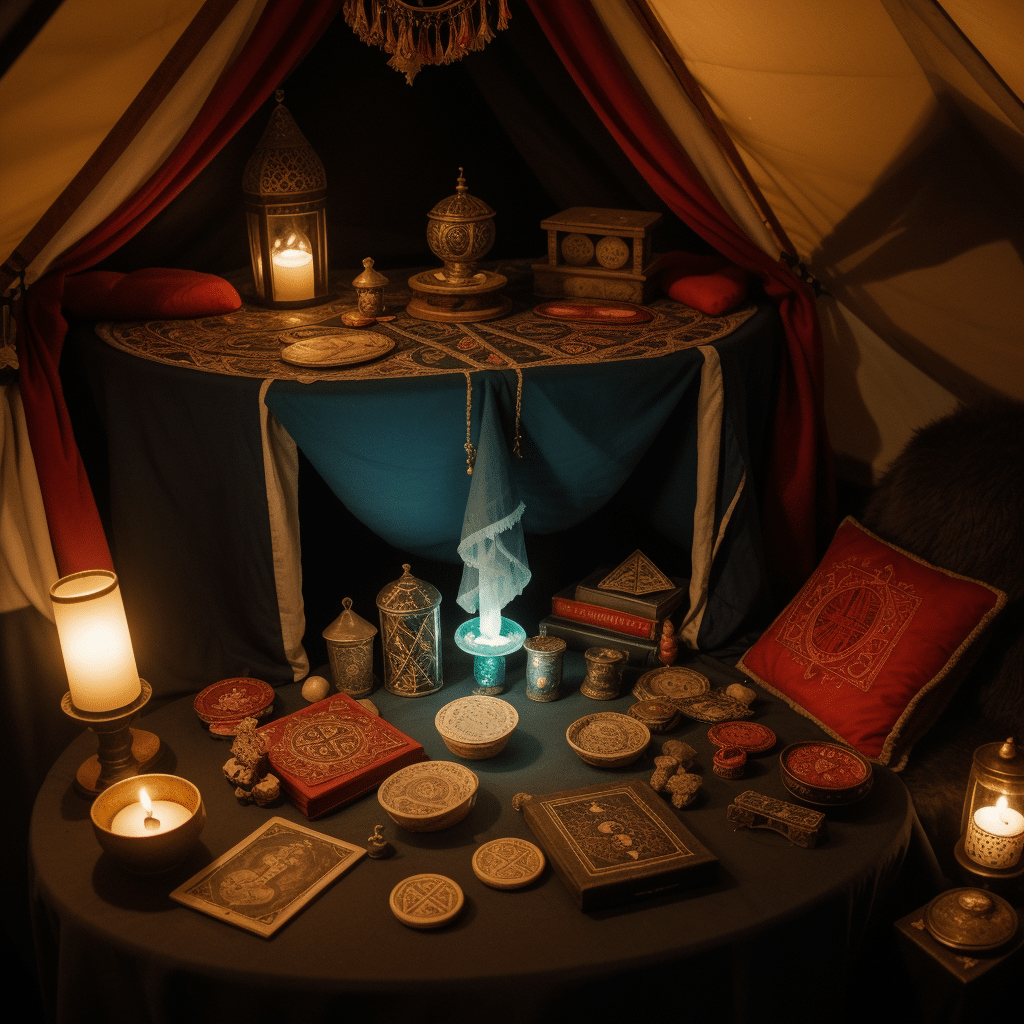 An enchanting array of mystical items and ancient tomes laid out for casting powerful male enhancement magic spells