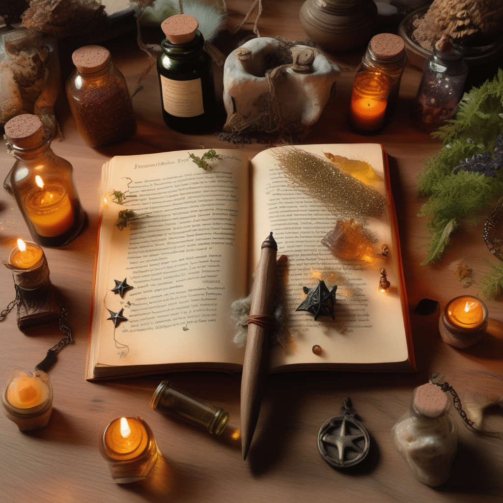 Open enchantment book of male enhancement magic spells, flanked by mystical candles and potent herbs, casting an aura of powerful charm for virility and strength