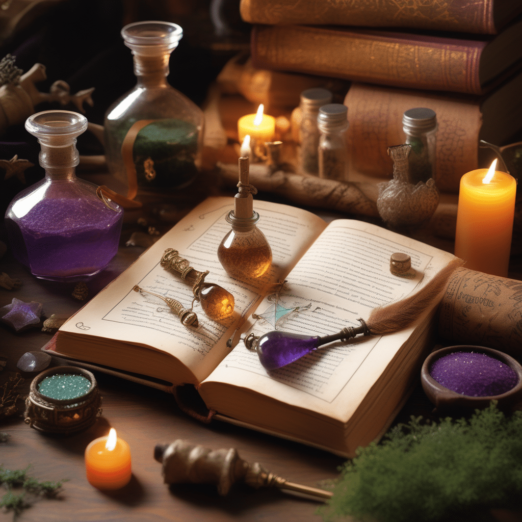 Open enchantment book radiating a mystical glow, surrounded by candles and potent herbs, casting friendly male enhancement magic spells