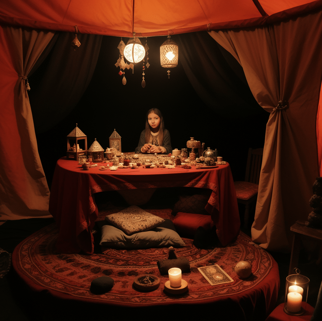 Smiling female healer surrounded by mystical artifacts, casting male enhancement magic spells in her enchanting workshop