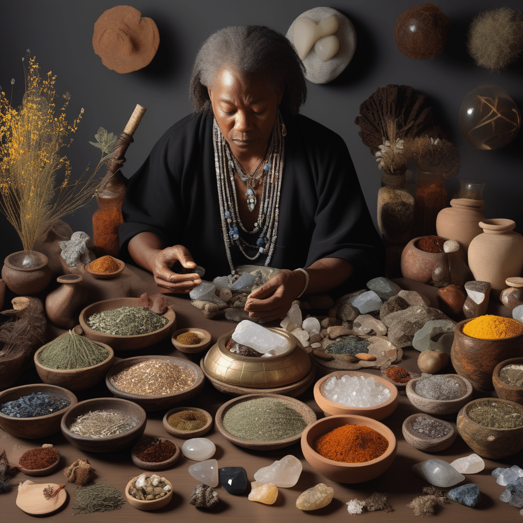 A cheerful healer surrounded by a colorful assortment of herbs and traditional items, ready to cast natural penis enlargement spells