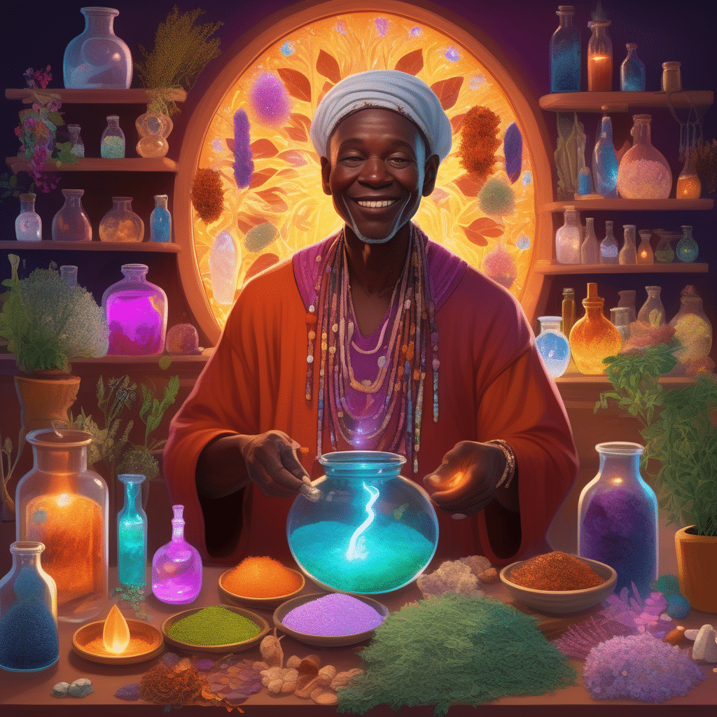 A cheerful healer surrounded by fresh herbs, smiling while casting occult penis growth spells in a cozy room