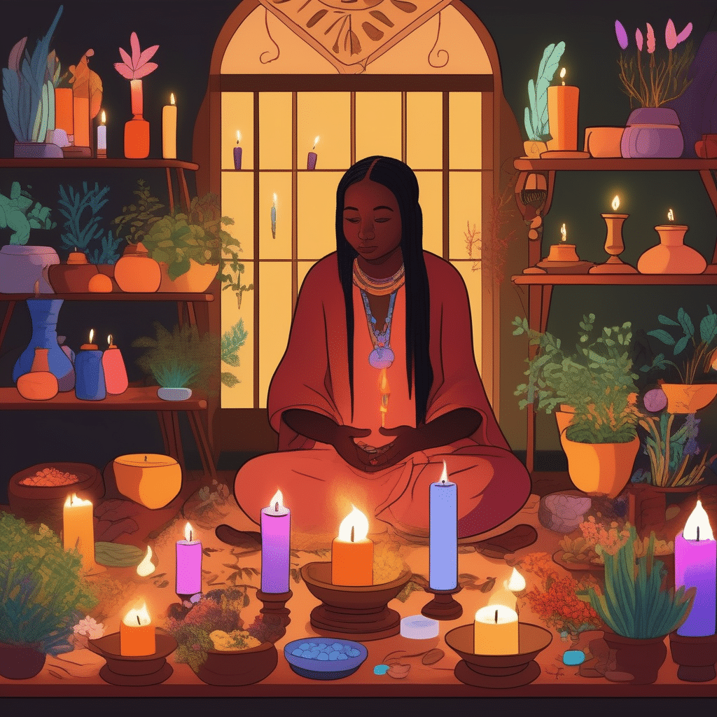 A friendly healer surrounded by mystical spellcasting items casting occult penis growth spells in a candle-lit room