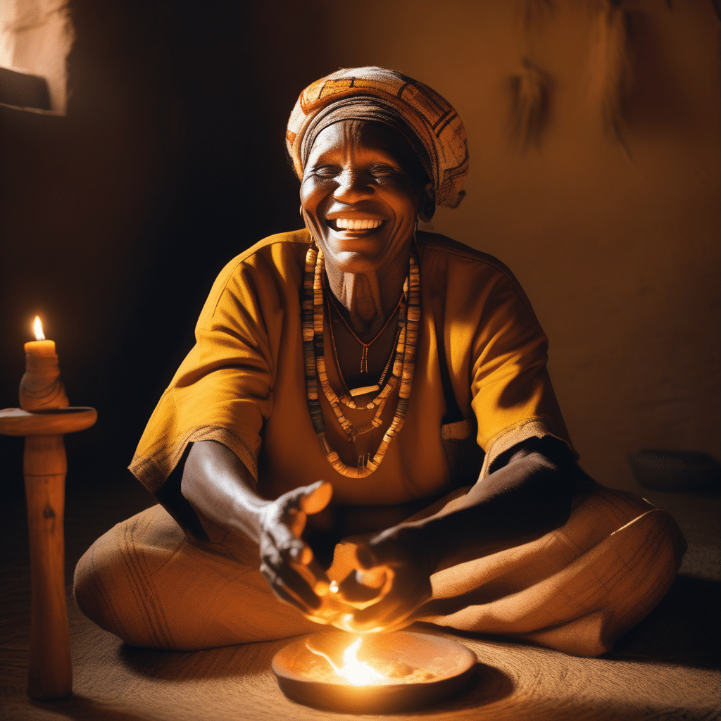 A seated female healer meditates on natural penis enlargement spells, surrounded by the calming glow of a burning fire