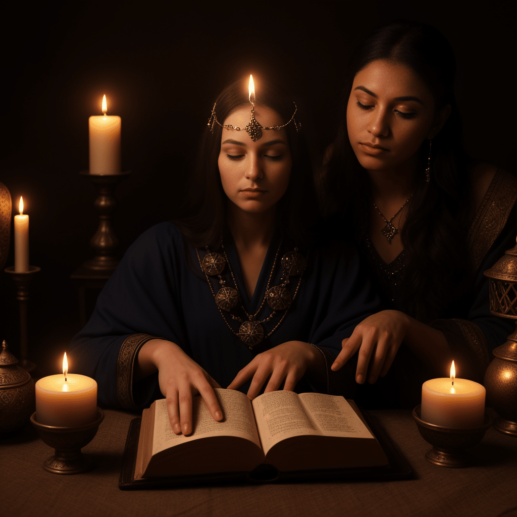 Two smiling female healers performing natural penis enlargement spells with lit candles and an ancient book of spells in a cozy, mystical setting