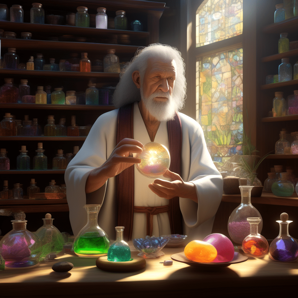 A cheerful and intriguing image of an elderly healer, standing amidst an array of mystical items, as he casts spells to increase penis size