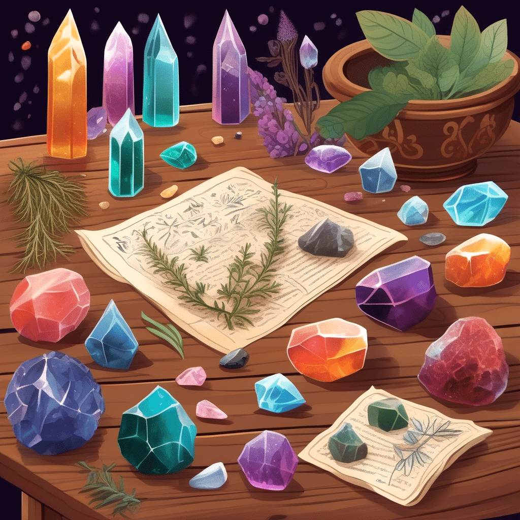 A cheerful display of crystals and spellcasting items on a table, ready for magical spells to increase penis size