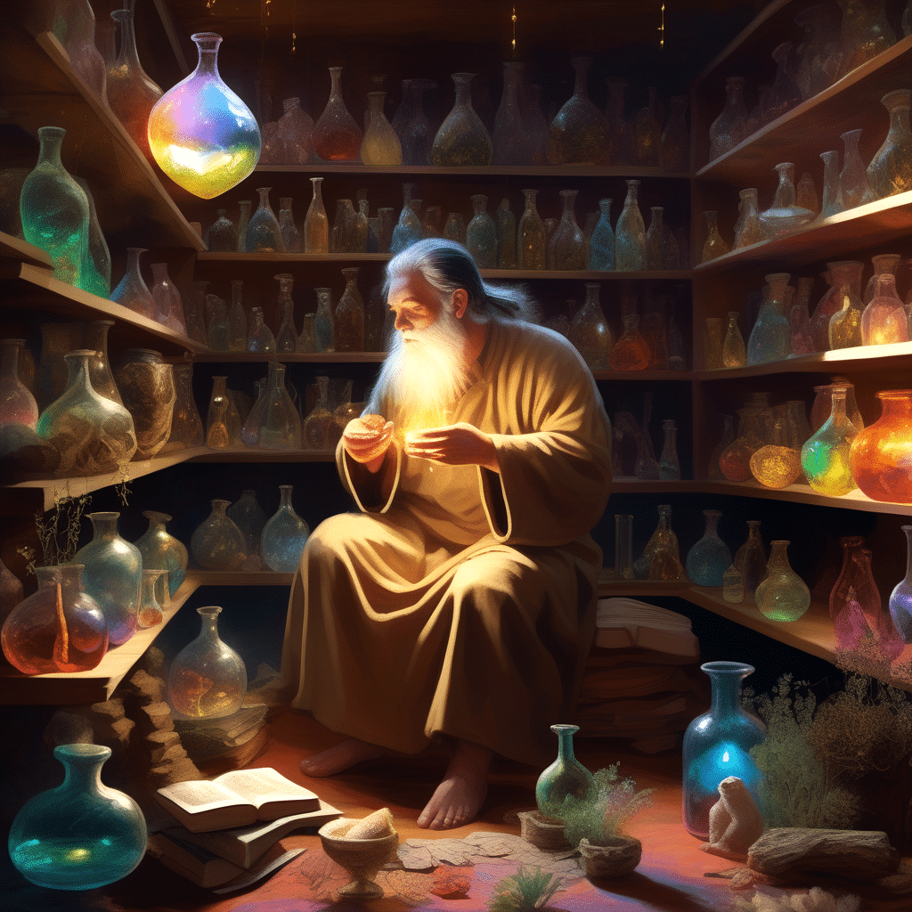 A focused elderly healer, surrounded by mystical items, casting spells to increase penis size in his enchanting room