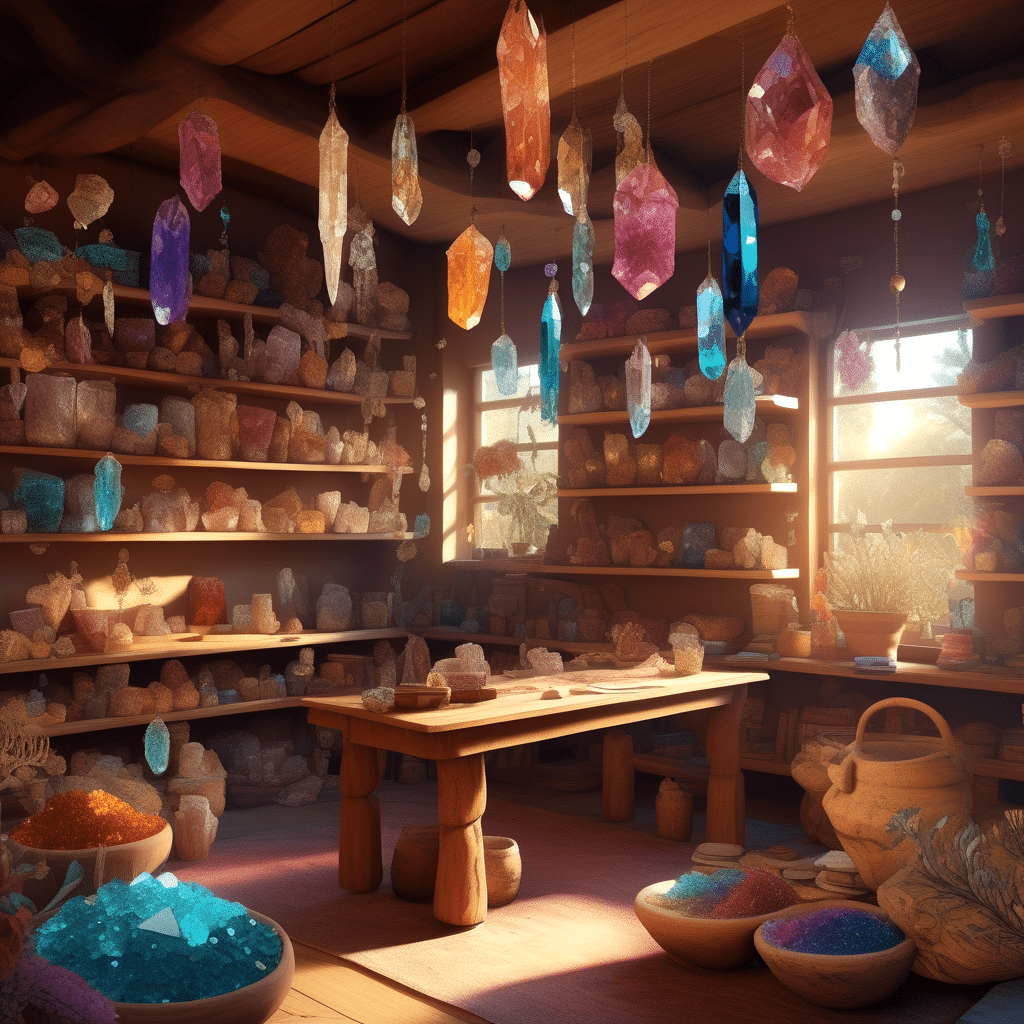 A vibrant display of crystals and spell-casting items for those curious about spells to increase penis size, set inside a mystical room